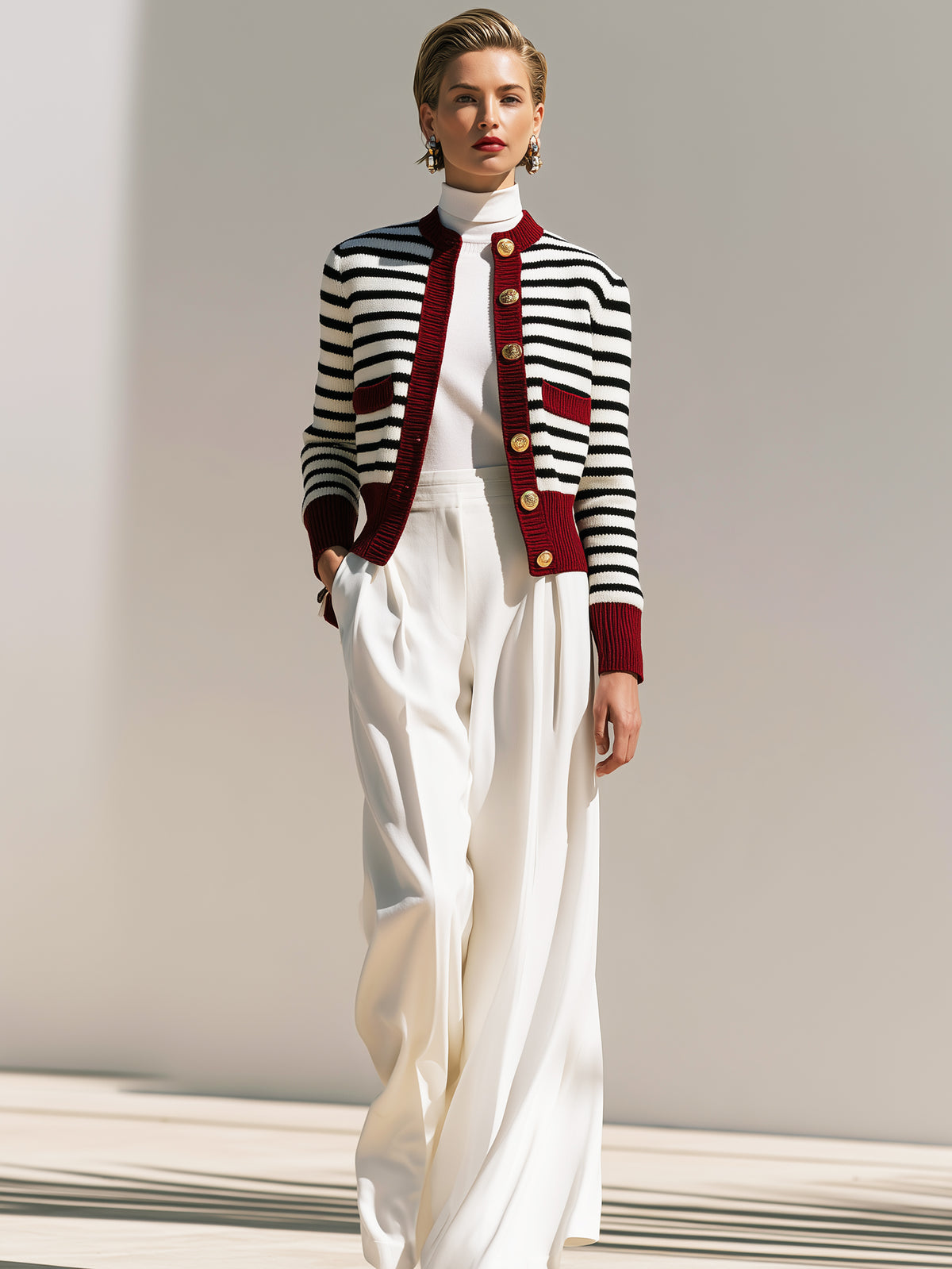 Burgundy Trim Striped Knit Cardigan
