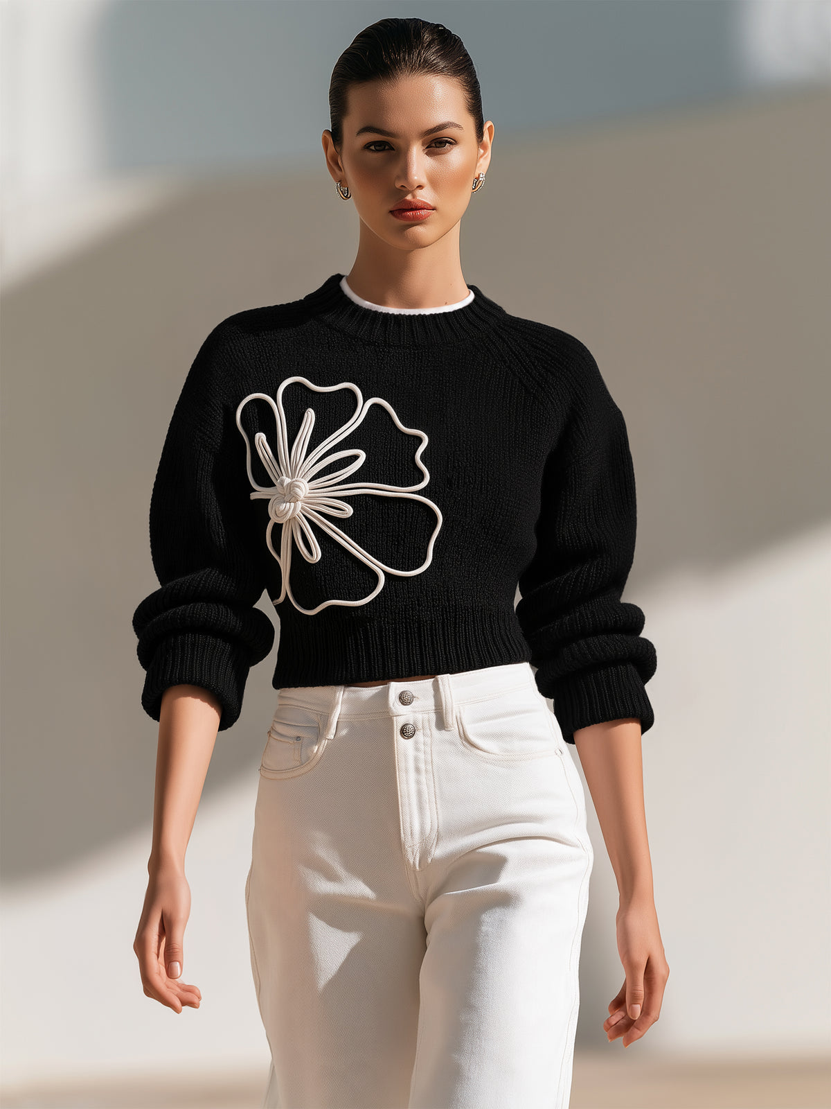 Flower Applique Long Sleeve Knit Top