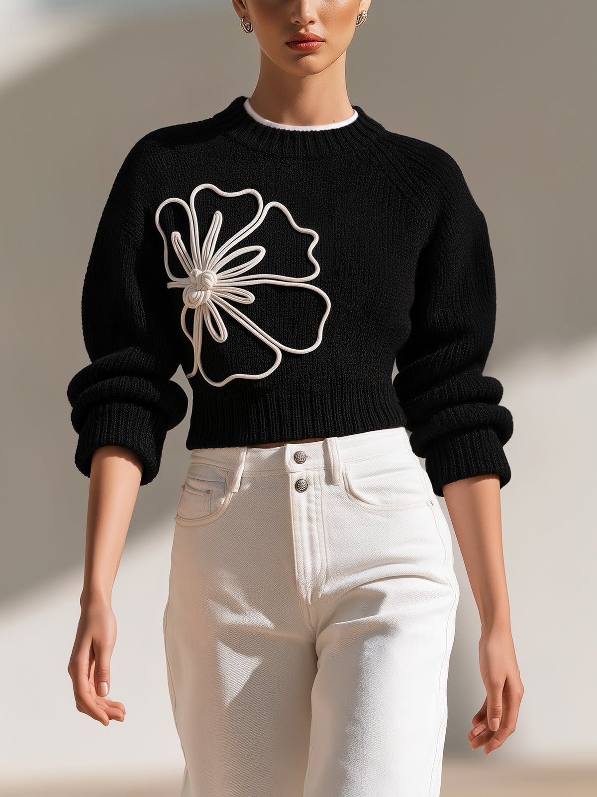 Flower Applique Long Sleeve Knit Top