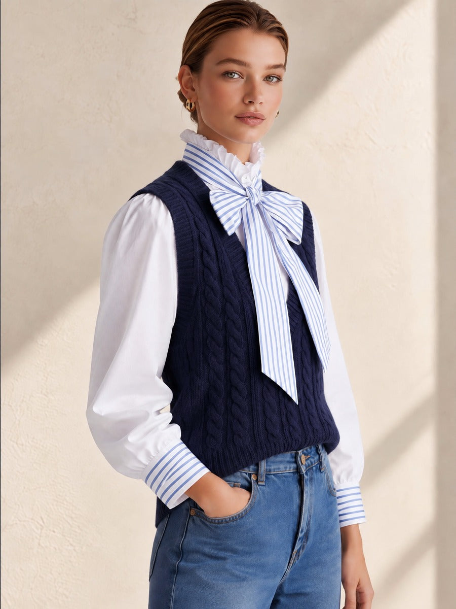 Navy Cable Knit V-Neck Sleeveless Layering Vest