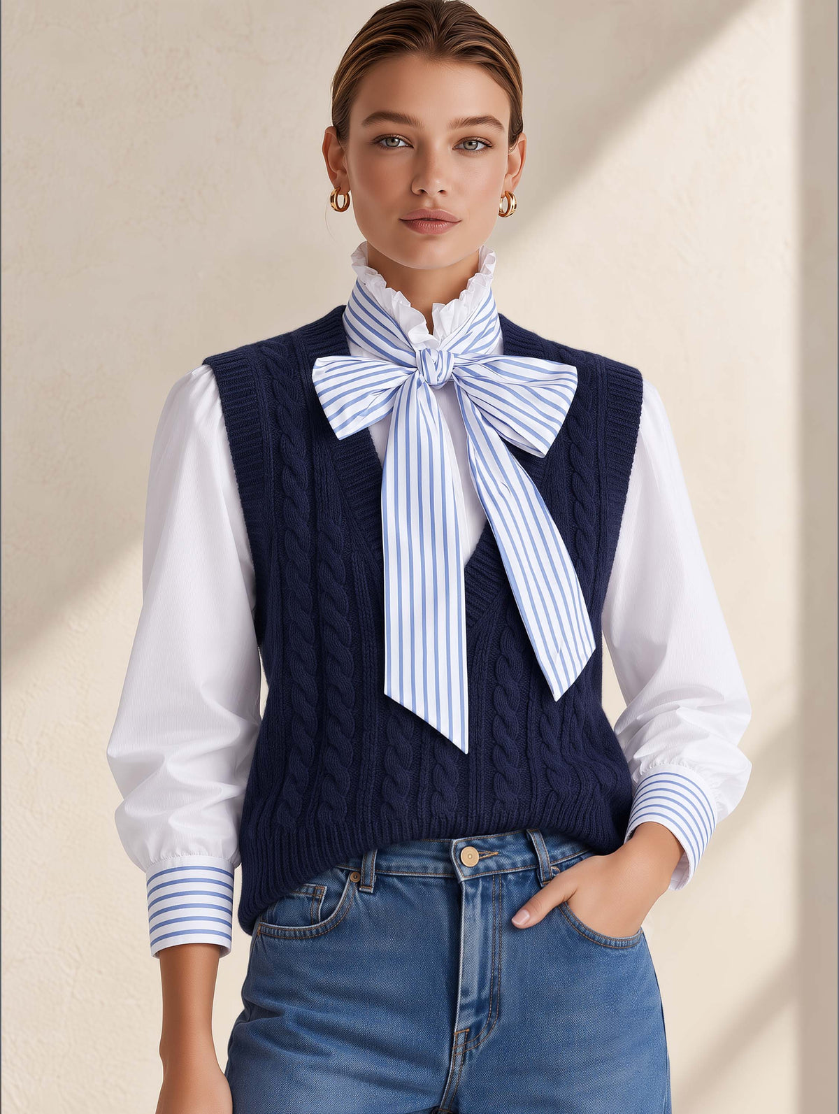 Navy Cable Knit V-Neck Sleeveless Layering Vest