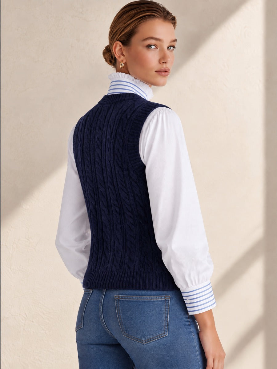 Navy Cable Knit V-Neck Sleeveless Layering Vest