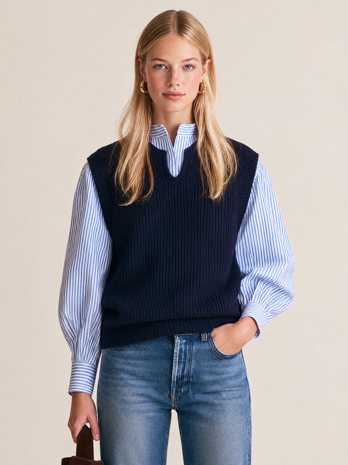 Navy Ribbed V-Neck Sweater Vest With Blue Striped Shirt Layer