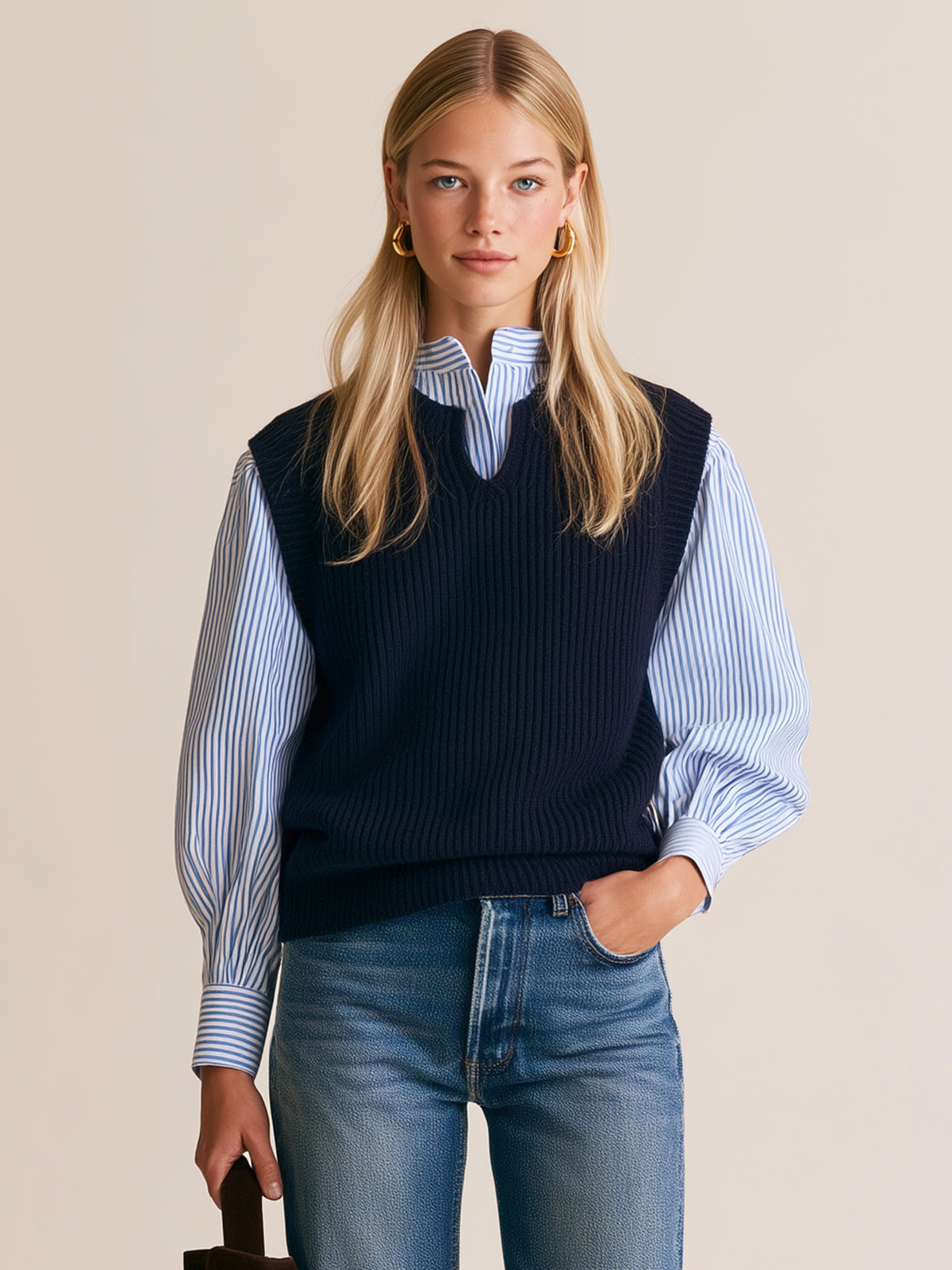 Navy Ribbed V-Neck Sweater Vest With Blue Striped Shirt Layer