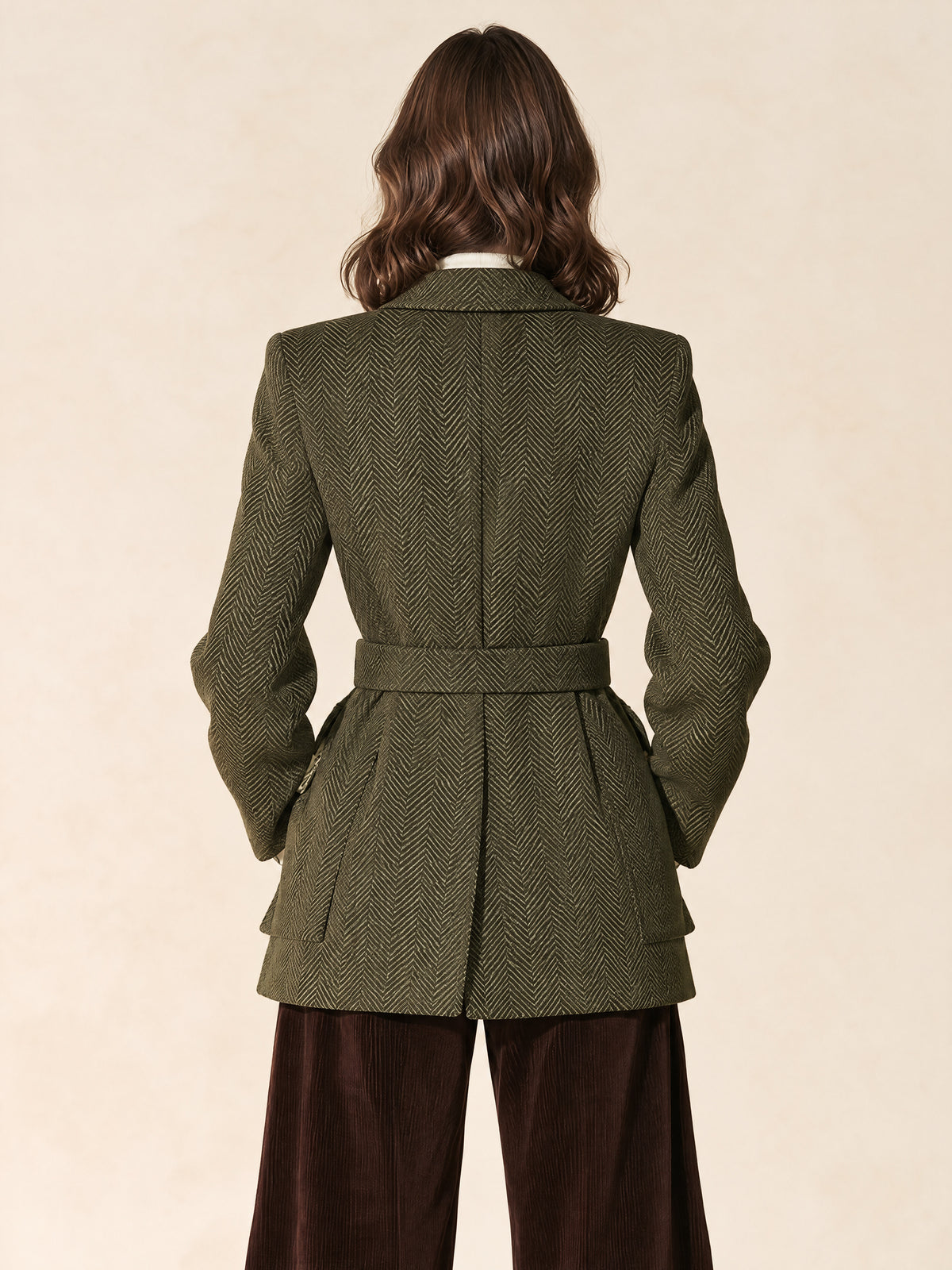 Olive Herringbone Belted Utility Blazer Jacket