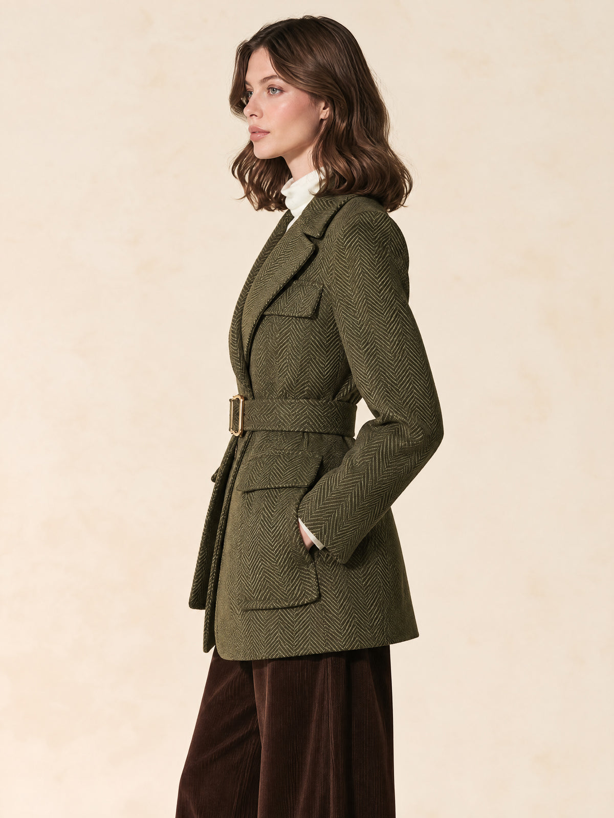 Olive Herringbone Belted Utility Blazer Jacket