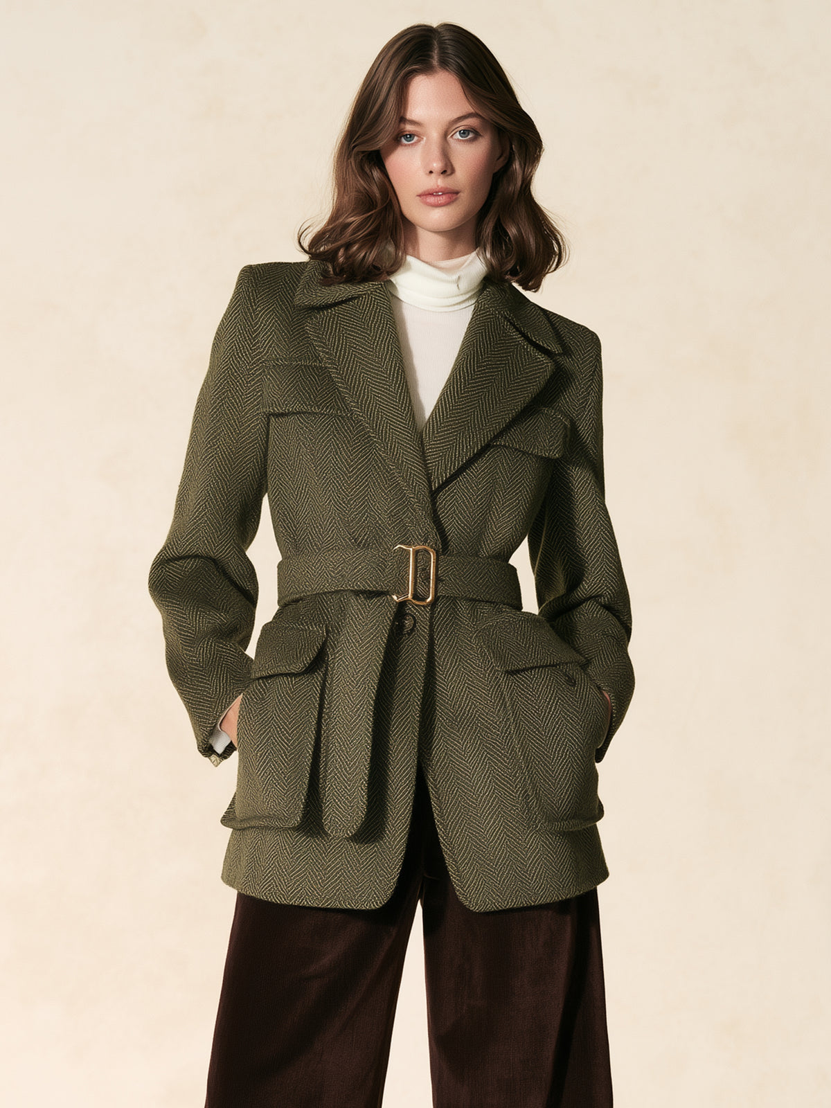 Olive Herringbone Belted Utility Blazer Jacket