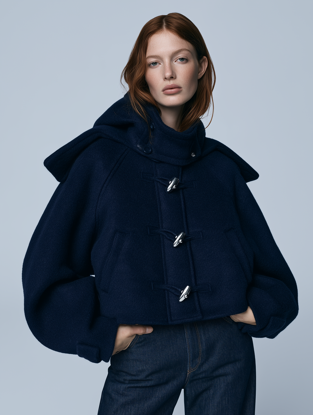 Navy Hooded Cropped Duffle Jacket With Cape Overlay And Silver Toggle Closure