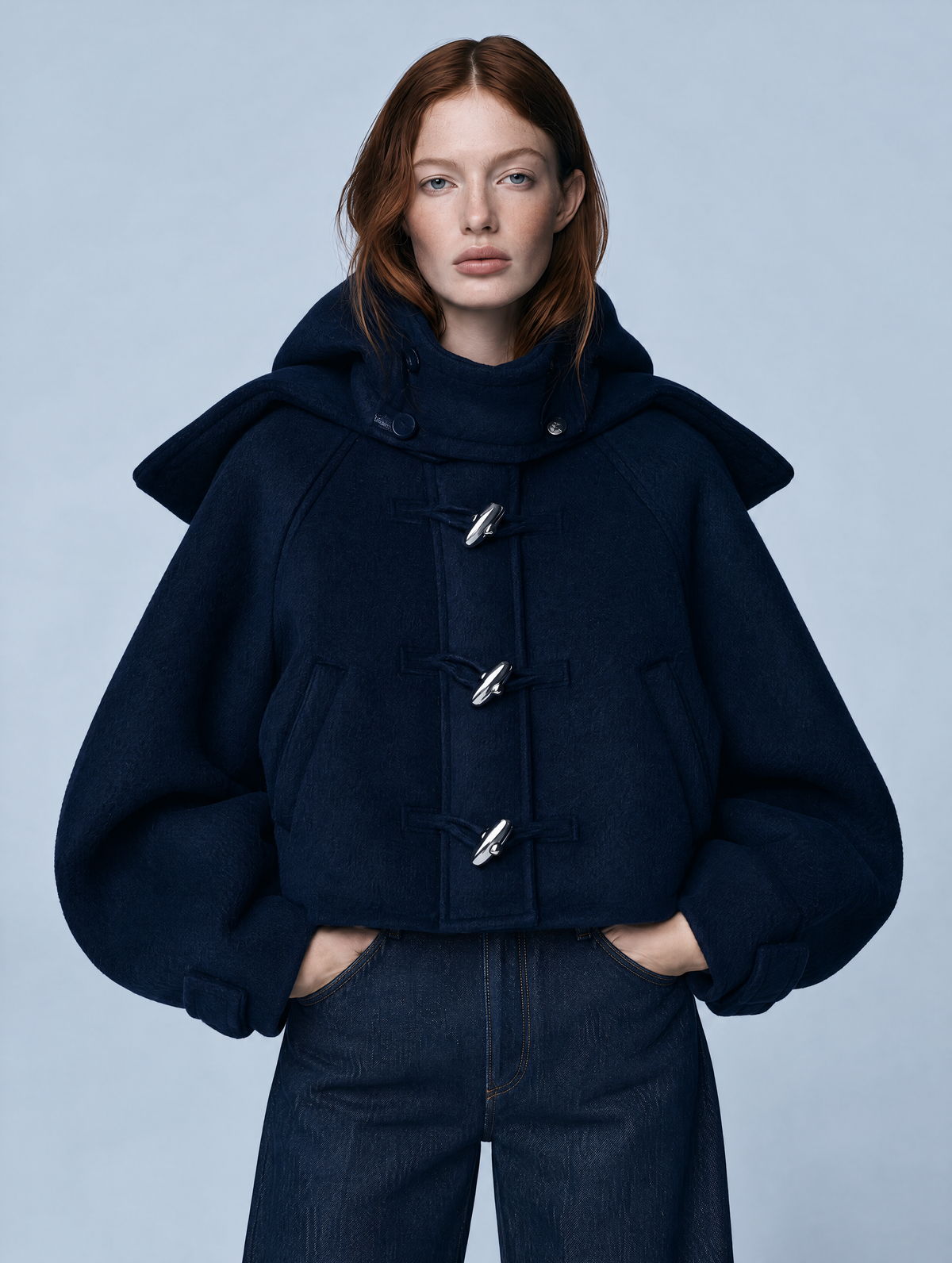 Navy Hooded Cropped Duffle Jacket With Cape Overlay And Silver Toggle Closure