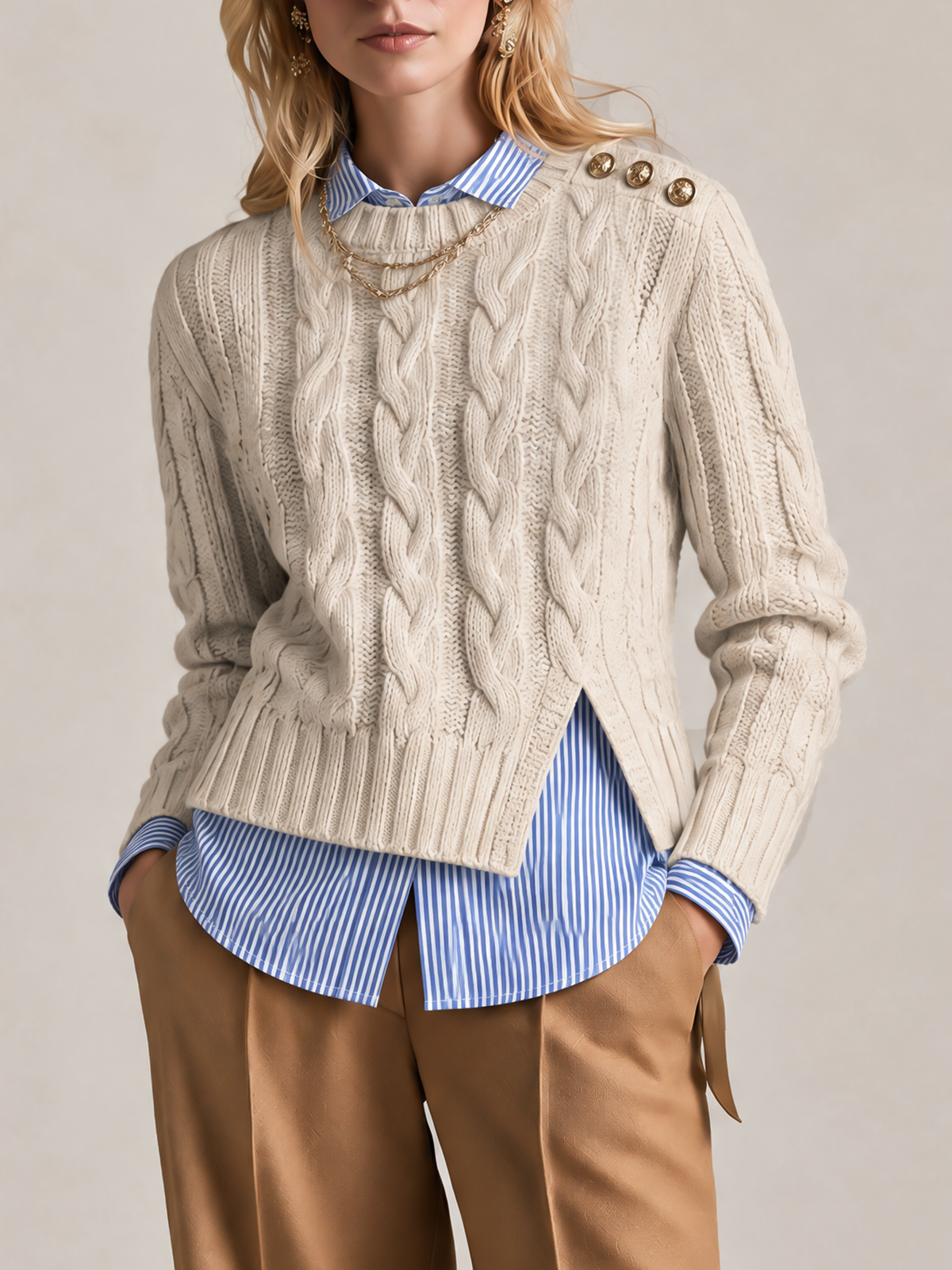 Elegant Oatmeal Cable-Knit Split-Hem Sweater