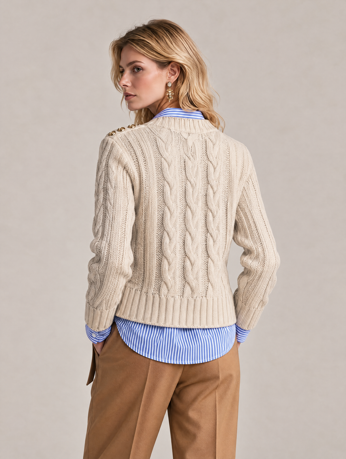 Elegant Oatmeal Cable-Knit Split-Hem Sweater