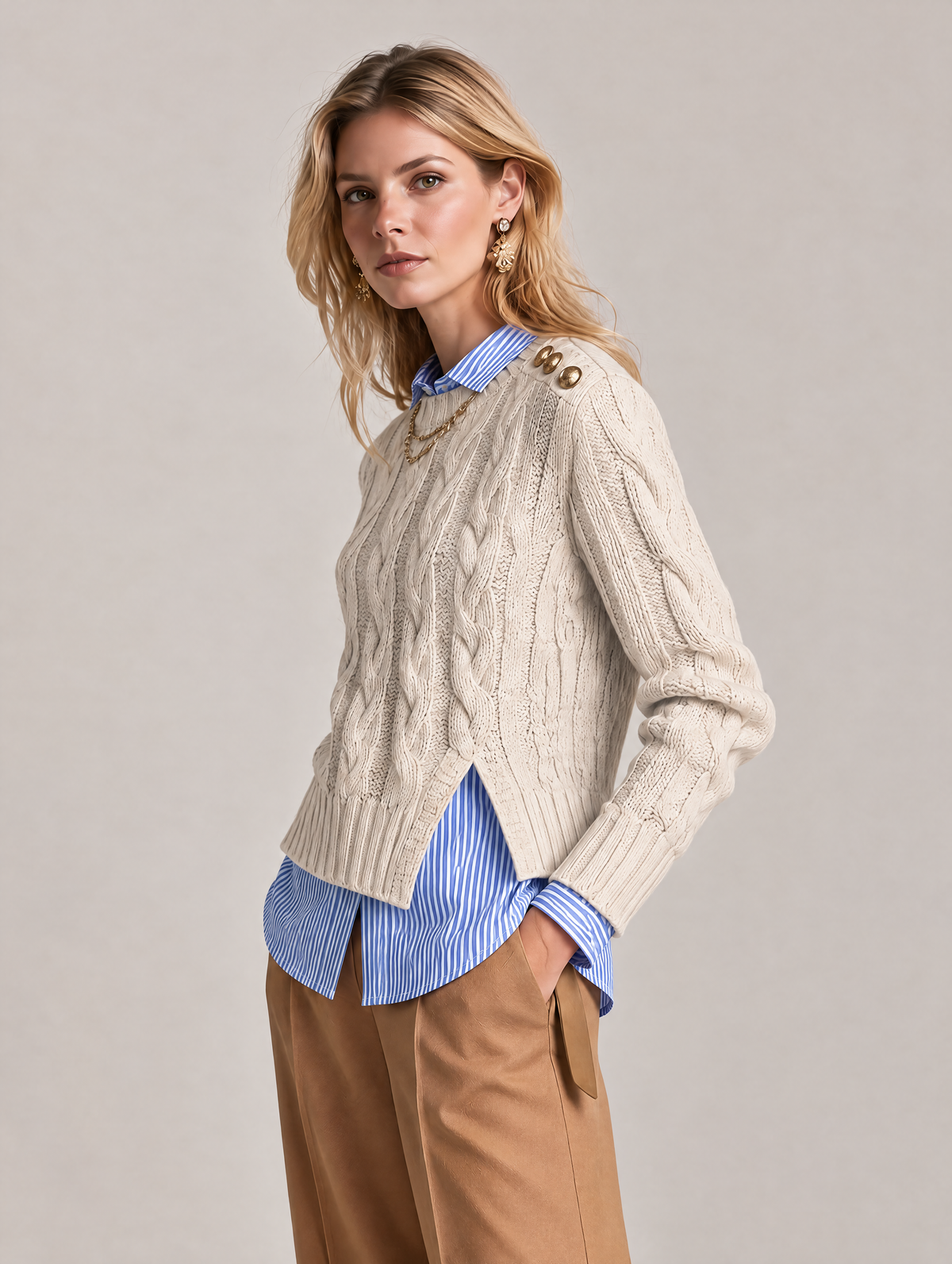 Elegant Oatmeal Cable-Knit Split-Hem Sweater