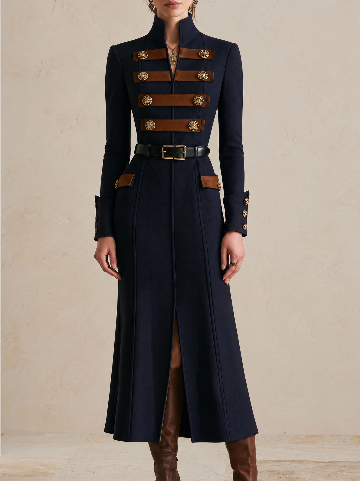 Elegant Navy & Brown Contrast Strap-Detail Split-Hem Midi Dress