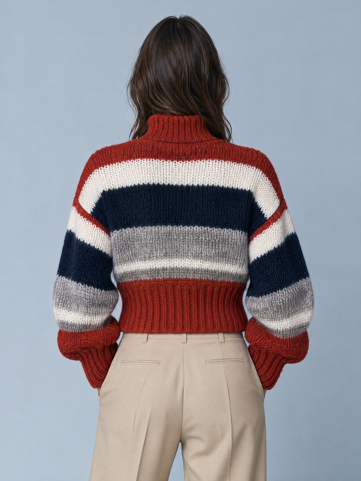 Colorblock Striped Chunky Knit Quarter-Zip Cropped Sweater