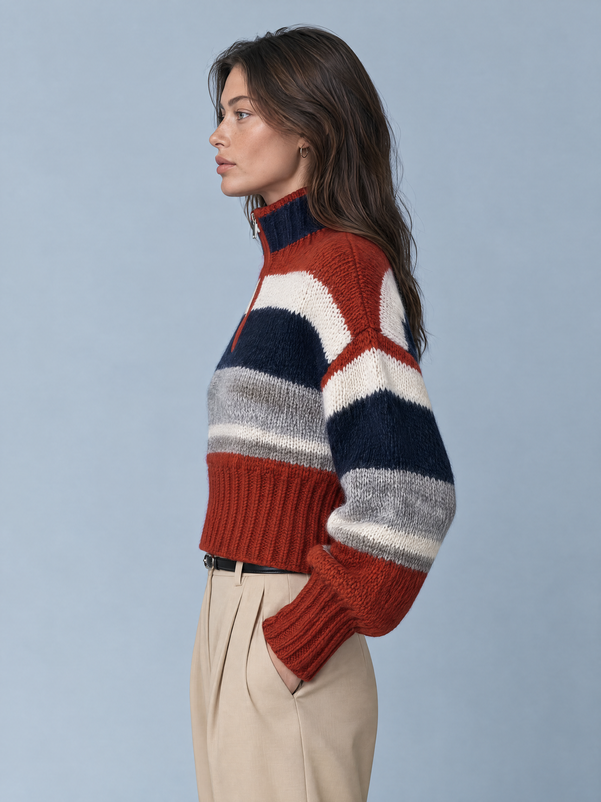 Colorblock Striped Chunky Knit Quarter-Zip Cropped Sweater