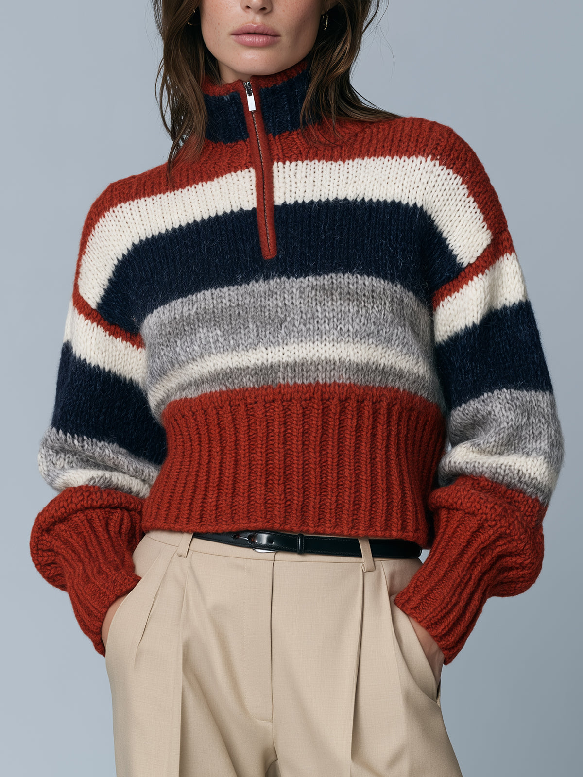 Colorblock Striped Chunky Knit Quarter-Zip Cropped Sweater