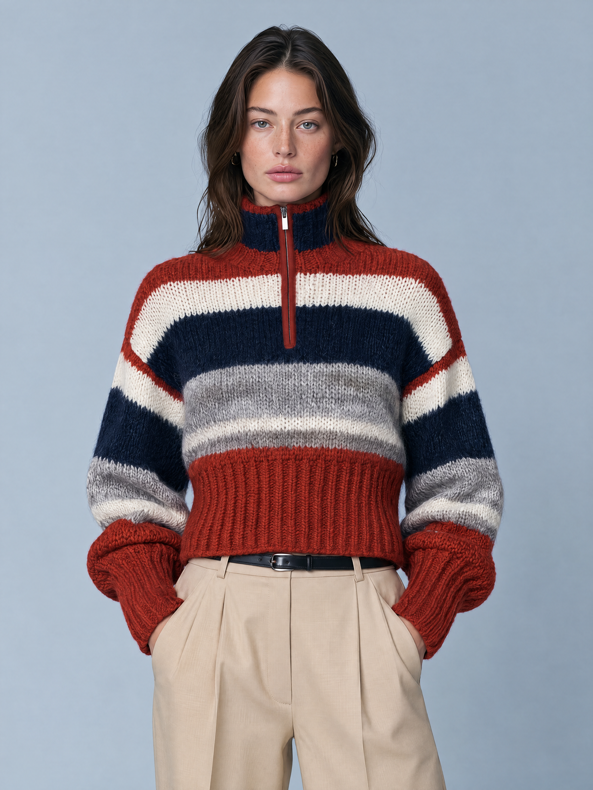 Colorblock Striped Chunky Knit Quarter-Zip Cropped Sweater