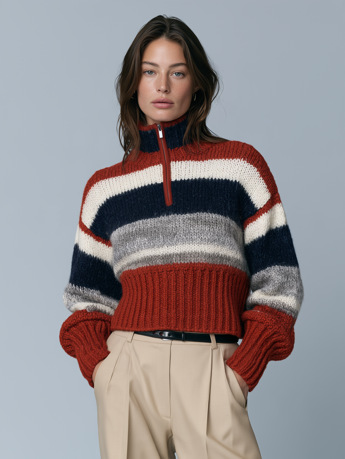 Colorblock Striped Chunky Knit Quarter-Zip Cropped Sweater