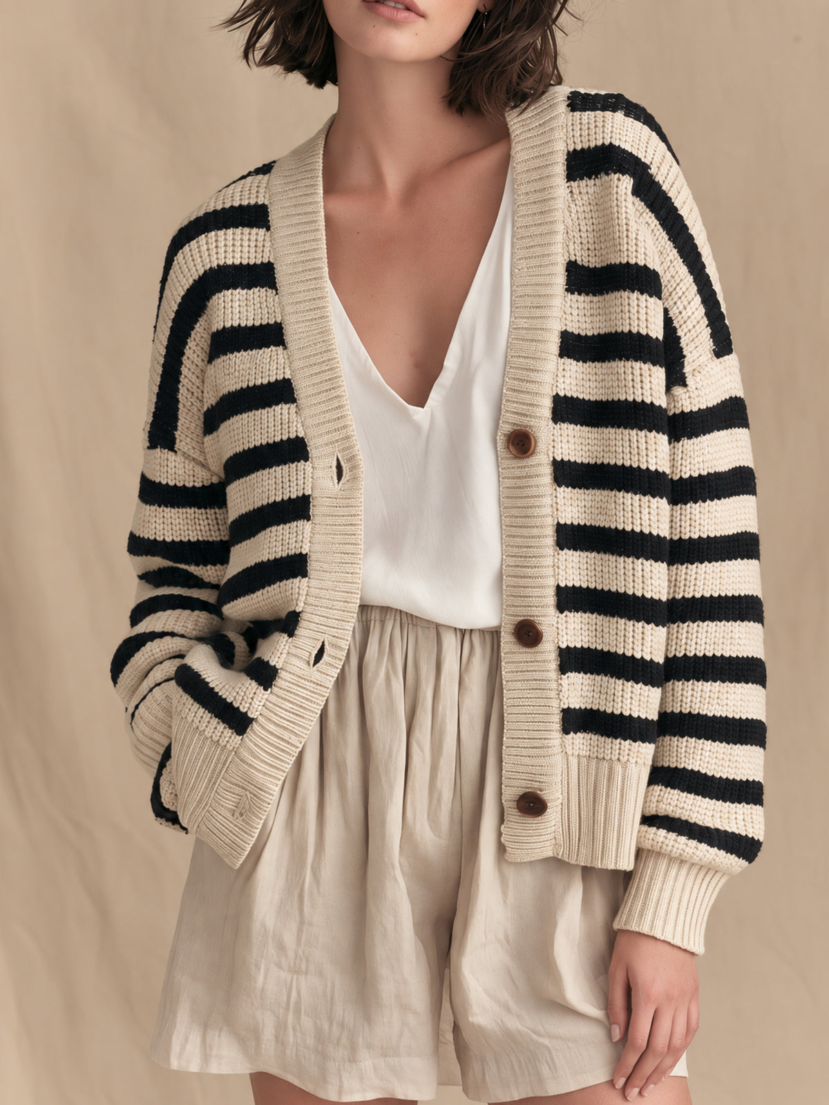 Ivory And Black Striped Chunky Knit Button Cardigan