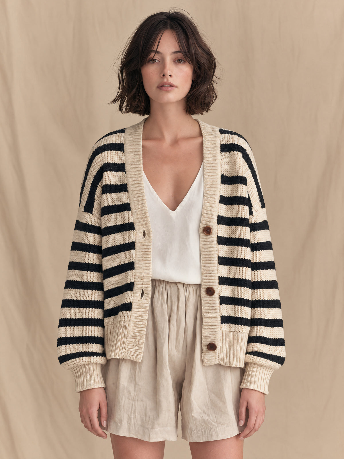 Ivory And Black Striped Chunky Knit Button Cardigan