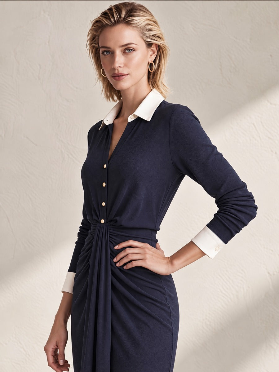 Navy Contrast Collar Gold Button Slim Elegant Knit Cardigan