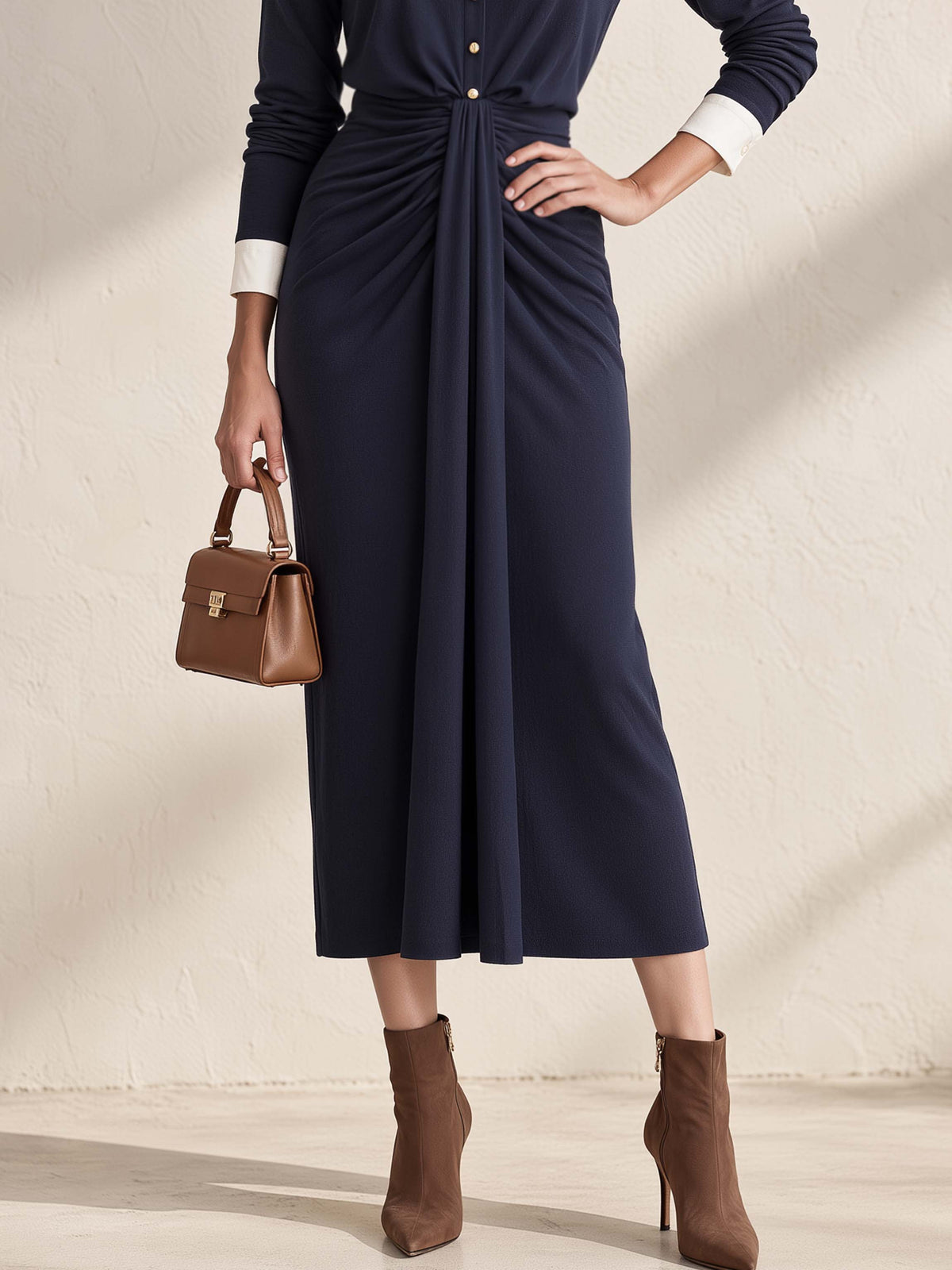 Navy Waist Twist Draped Midi Skirt