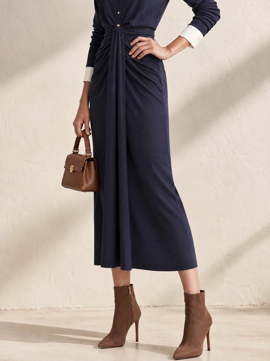 Navy Waist Twist Draped Midi Skirt