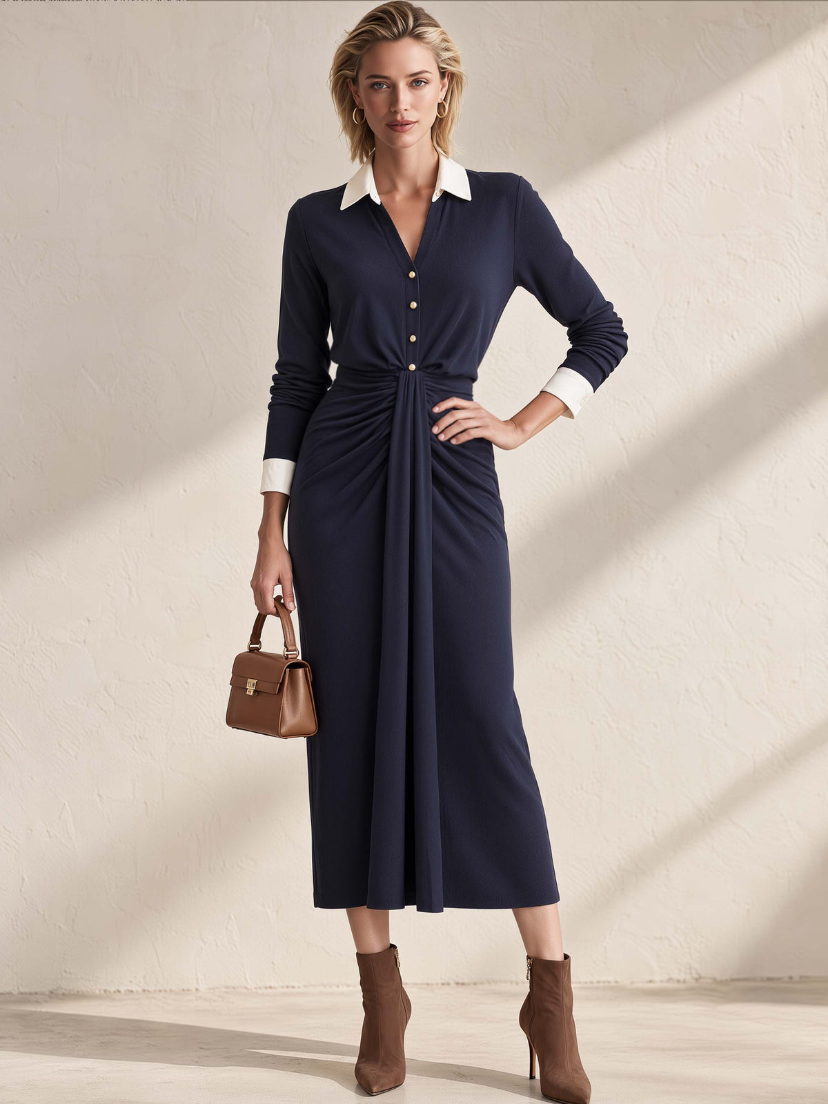 Navy Waist Twist Draped Midi Skirt