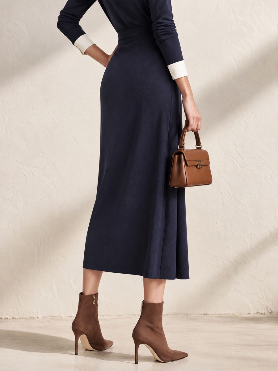 Navy Waist Twist Draped Midi Skirt