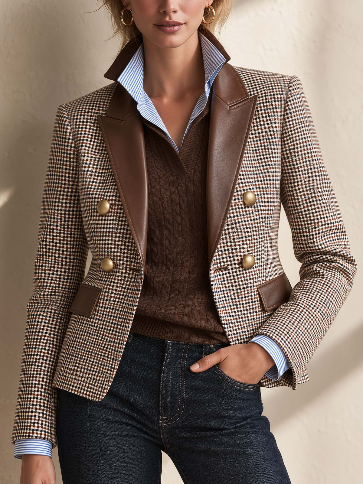 Brown Houndstooth Leather Lapel Double Breasted Gold Button Blazer