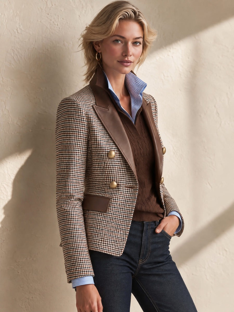 Brown Houndstooth Leather Lapel Double Breasted Gold Button Blazer