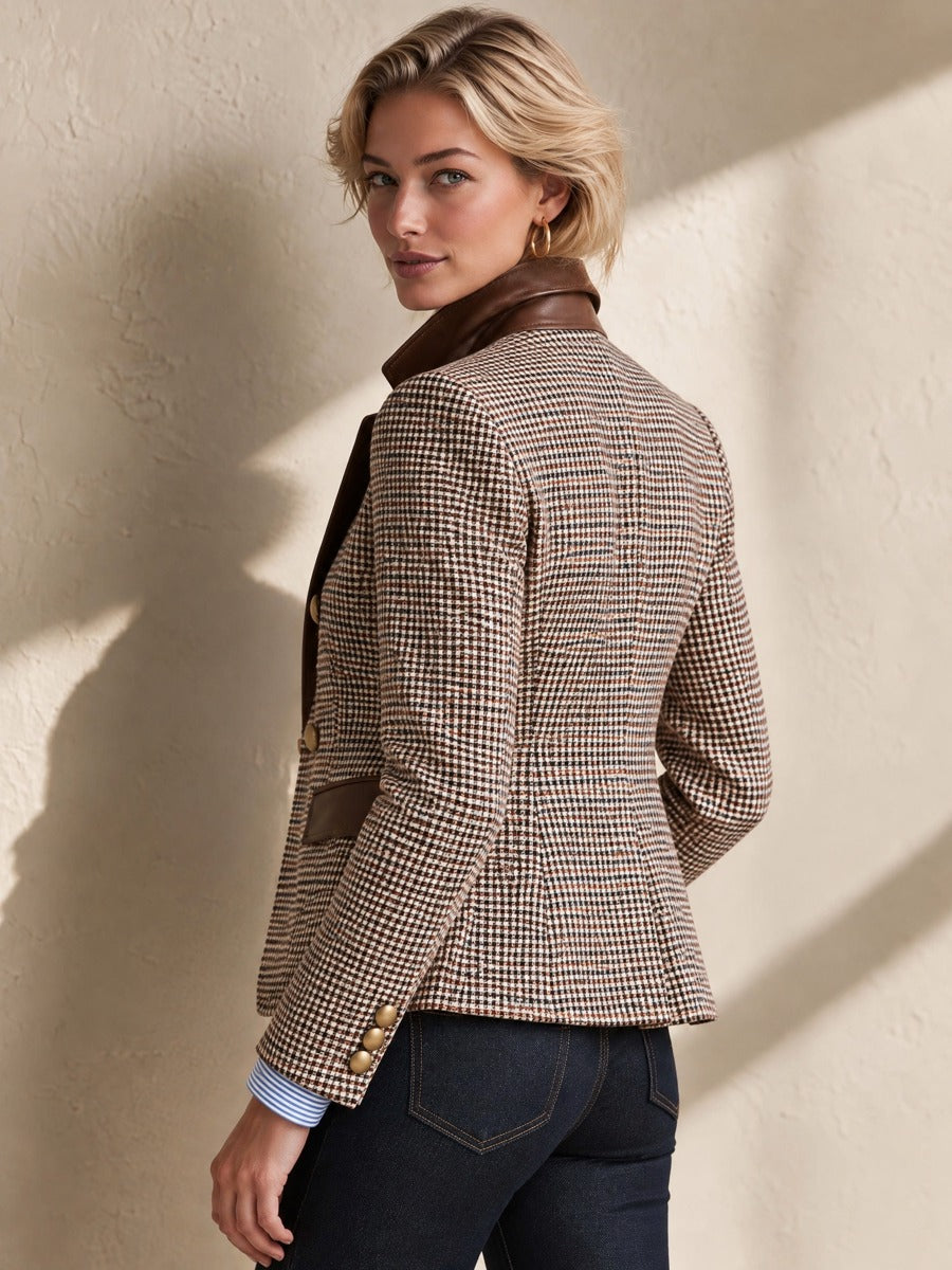 Brown Houndstooth Leather Lapel Double Breasted Gold Button Blazer