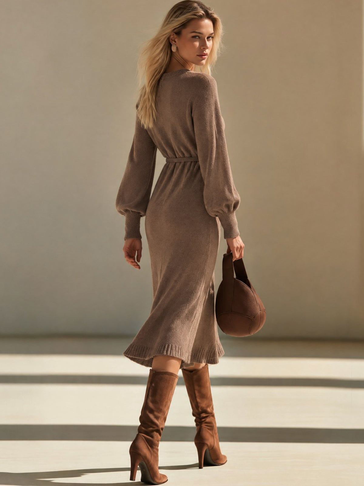 Brown Wool Blend Crochet Trim Midi Dress