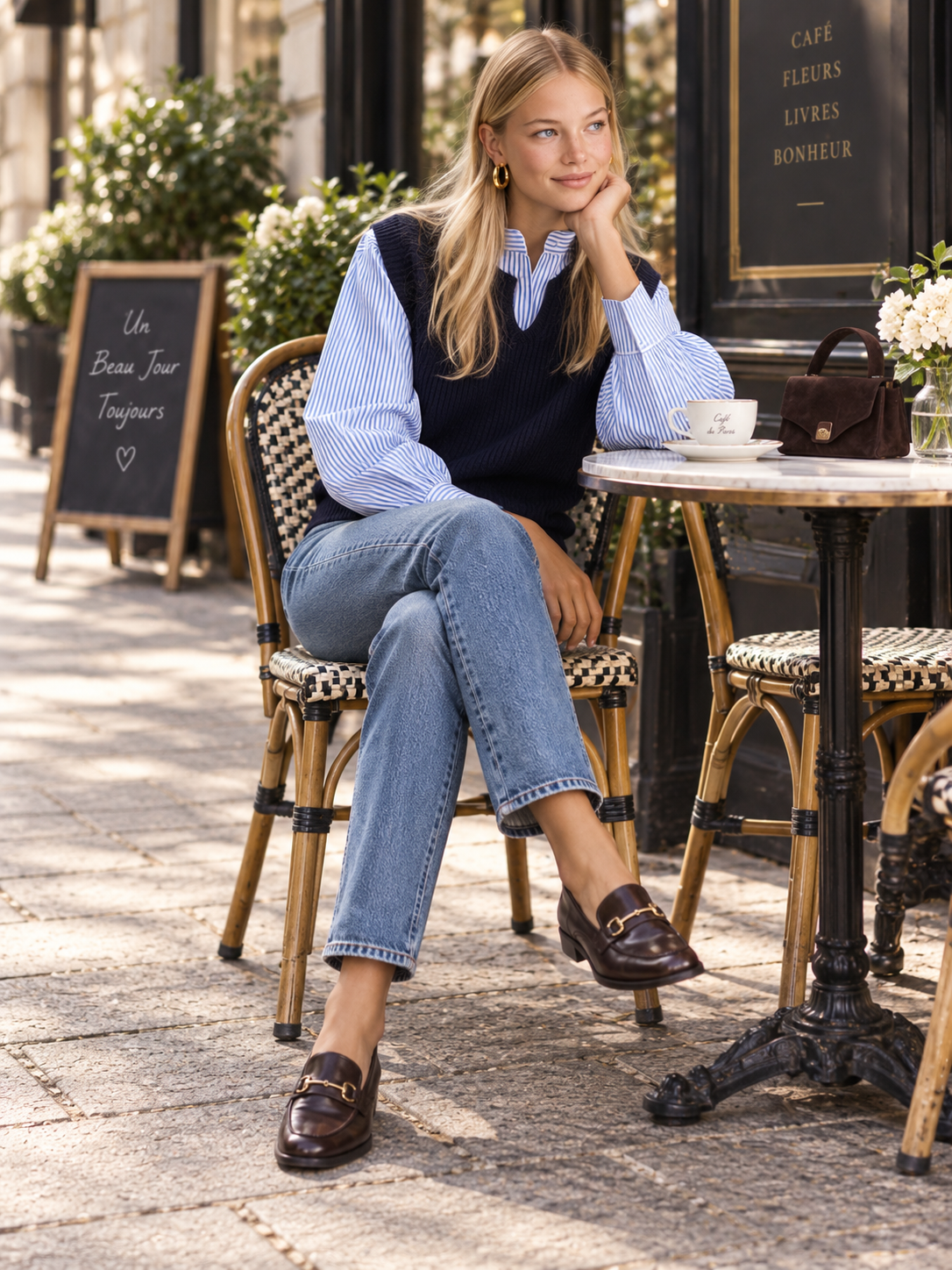 Navy Ribbed V-Neck Sweater Vest With Blue Striped Shirt Layer