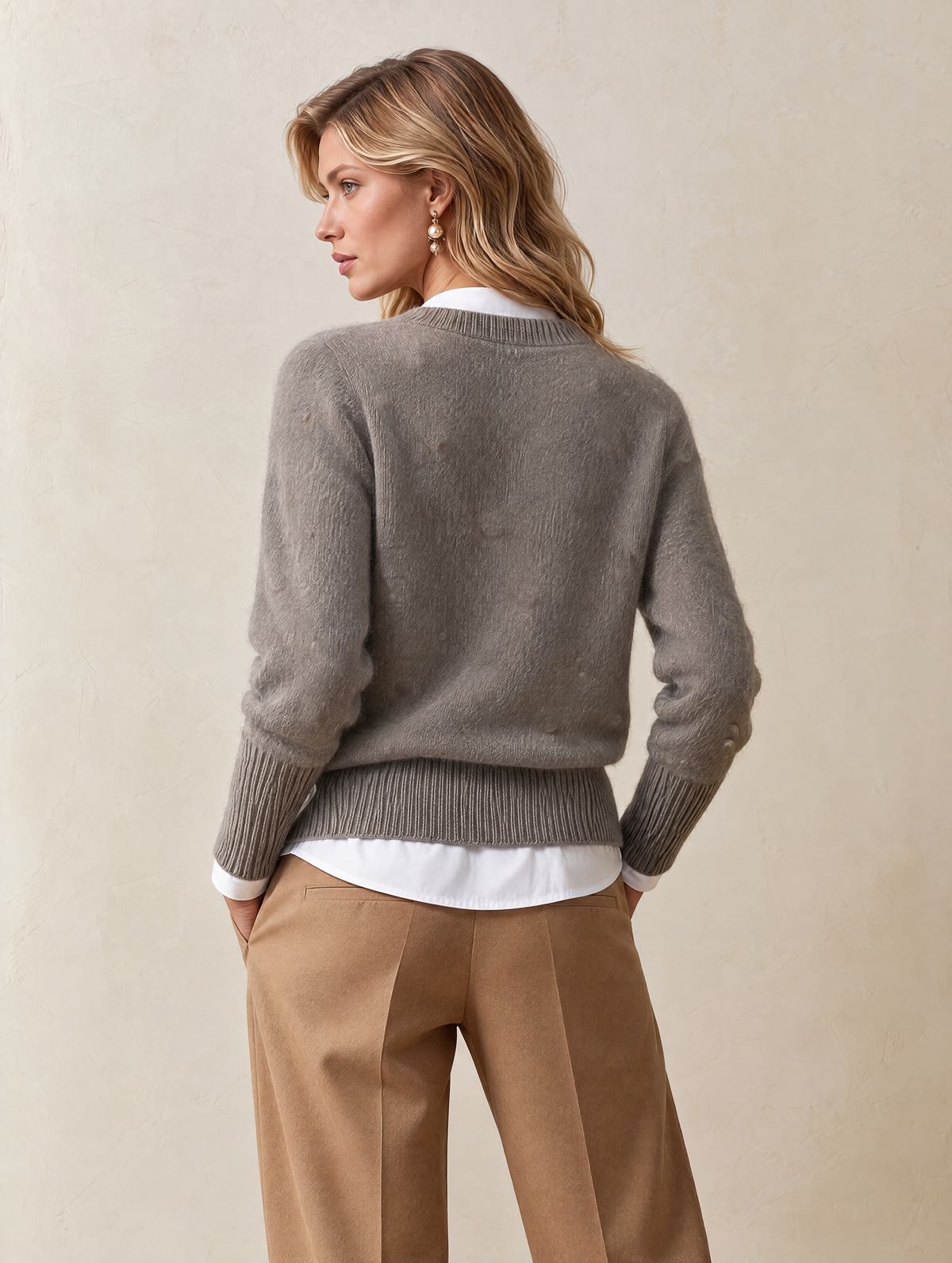 Elegant Gray Pearl-Embellished V-Neck Knit Sweater