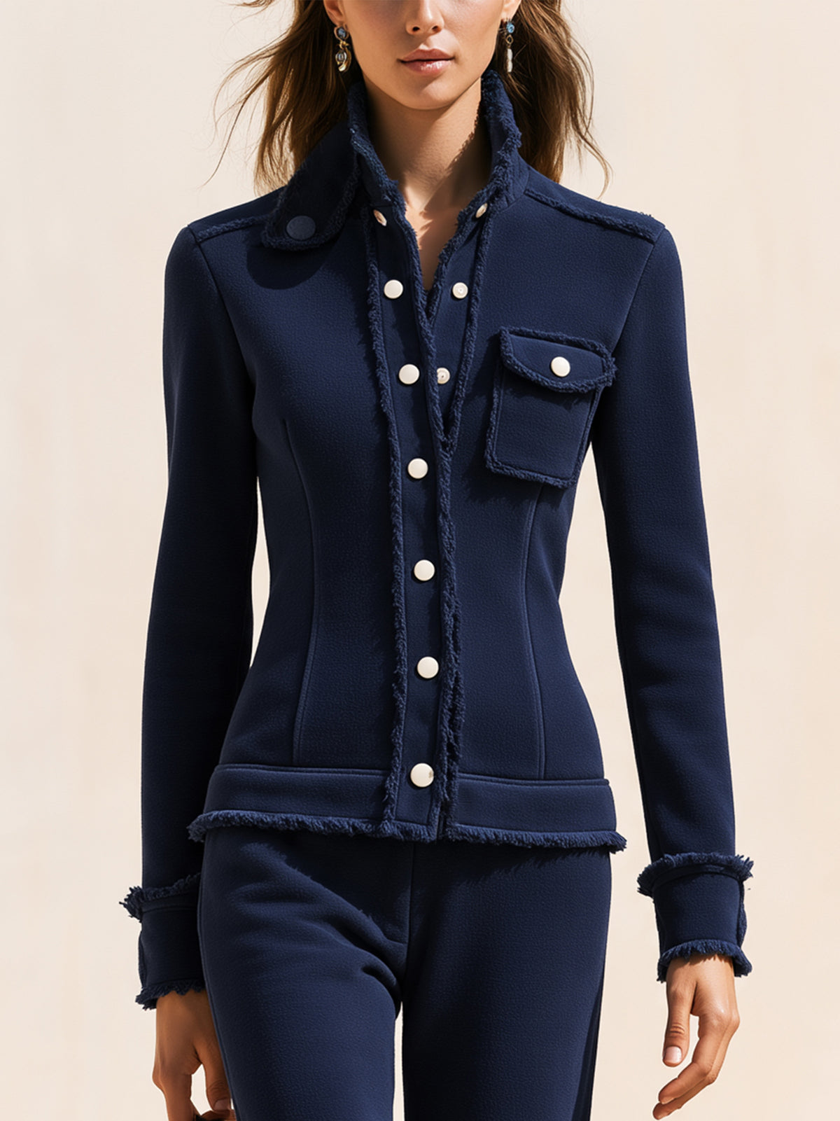 Navy Fringe Trim Button-Up Sweatshirt