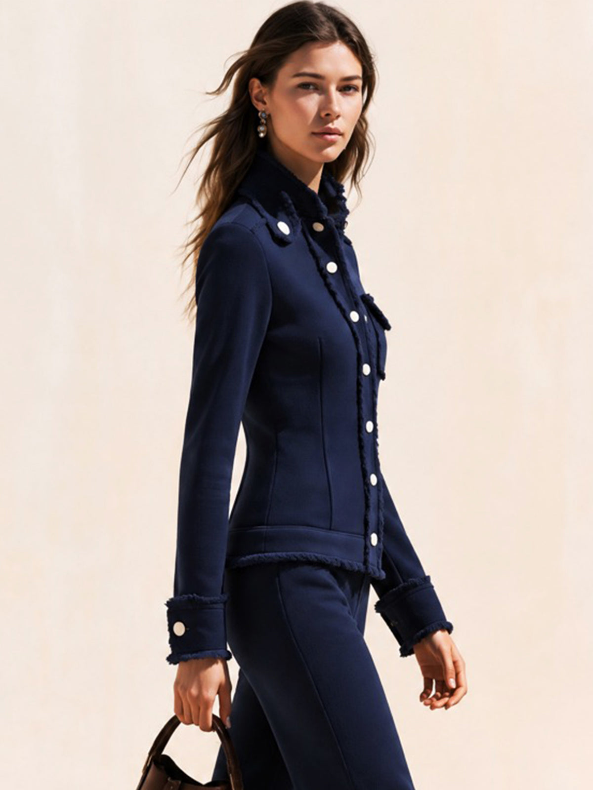 Navy Fringe Trim Button-Up Sweatshirt