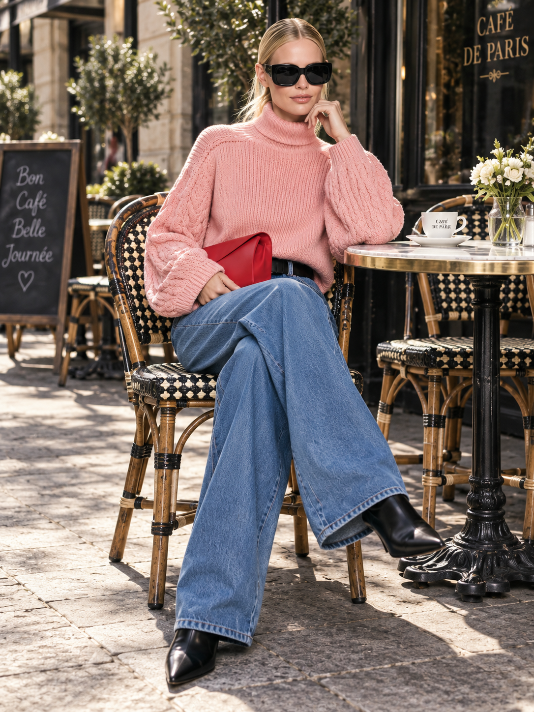 Pink Chunky Rib Knit Turtleneck Sweater With Cable Balloon Sleeves