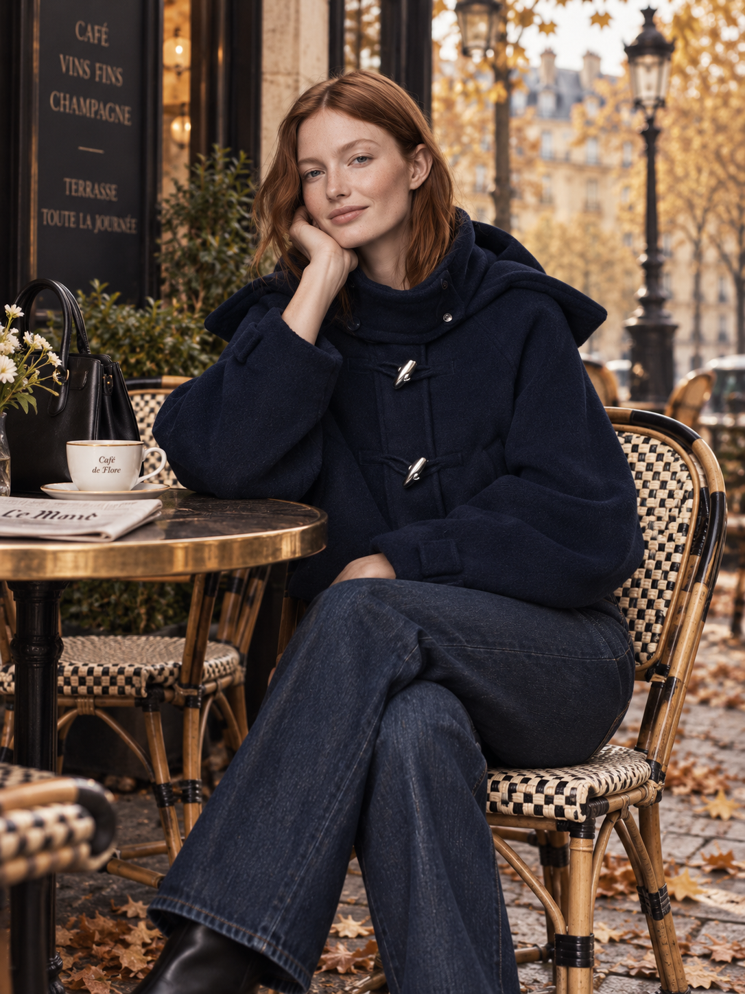 Navy Hooded Cropped Duffle Jacket With Cape Overlay And Silver Toggle Closure