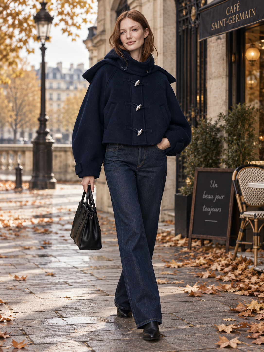 Navy Hooded Cropped Duffle Jacket With Cape Overlay And Silver Toggle Closure
