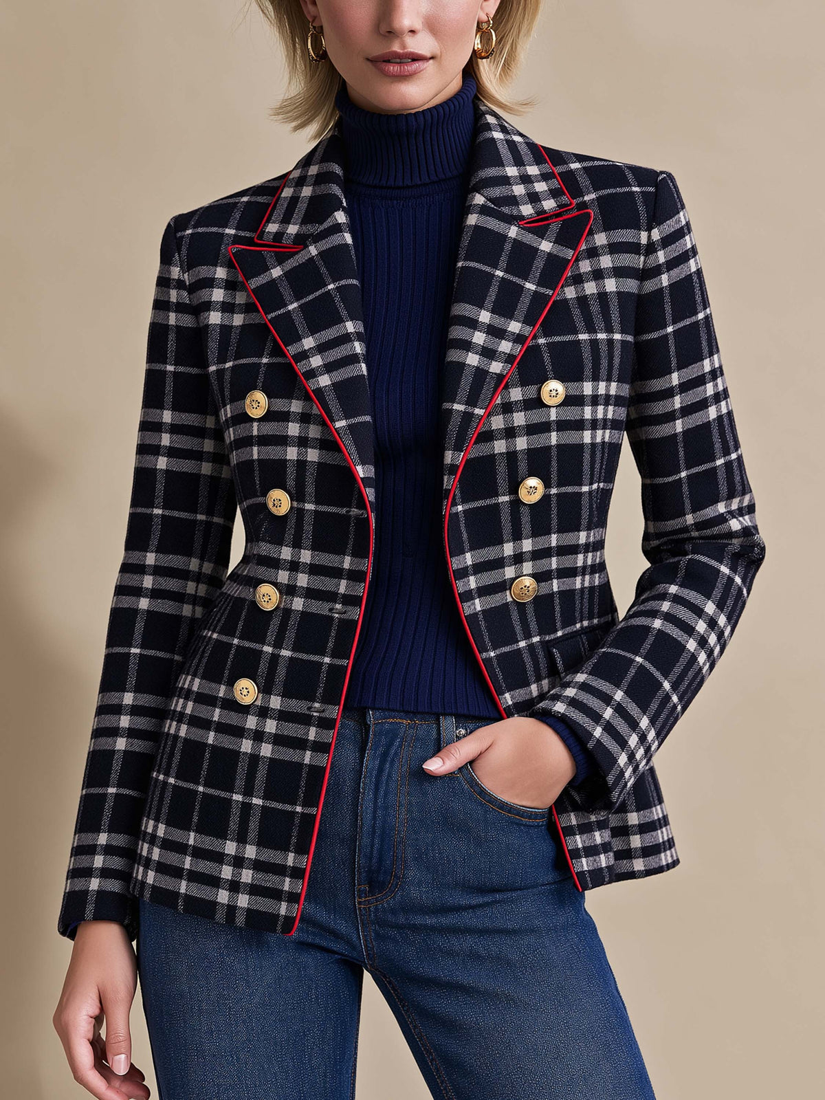Navy Plaid Blazer With Red Piping Double Breasted Gold Buttons