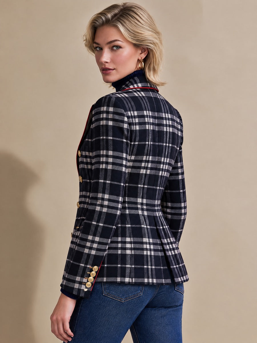 Navy Plaid Blazer With Red Piping Double Breasted Gold Buttons