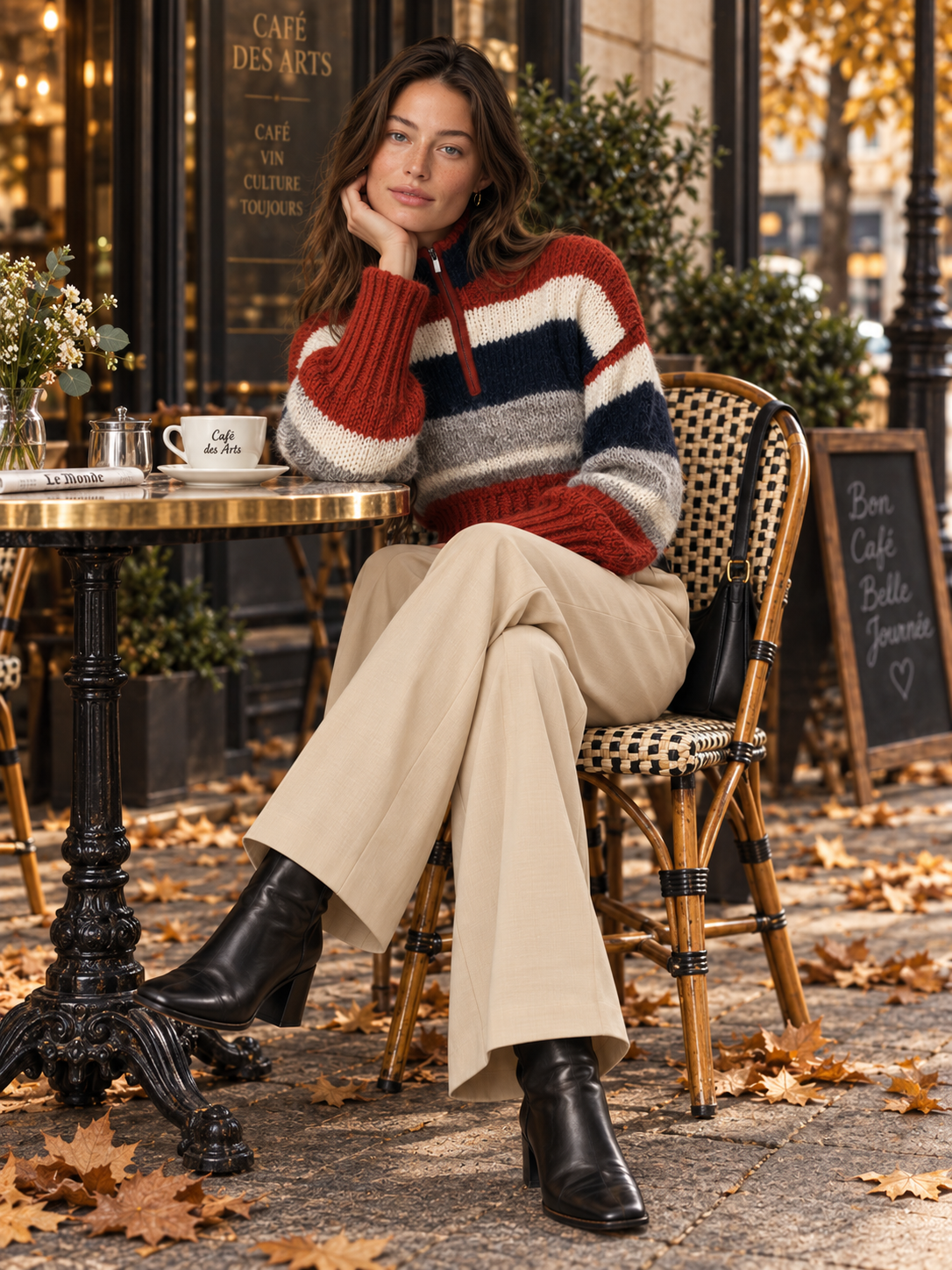Colorblock Striped Chunky Knit Quarter-Zip Cropped Sweater