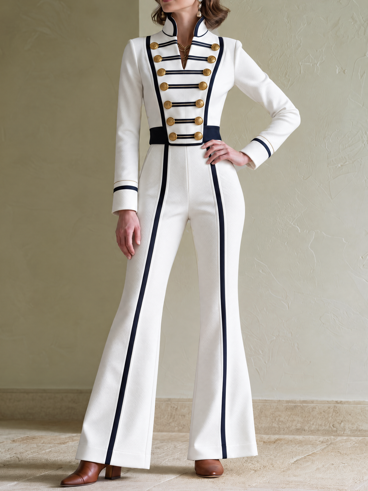 Elegant White & Navy Contrast Strap-Detail Flared Jumpsuit