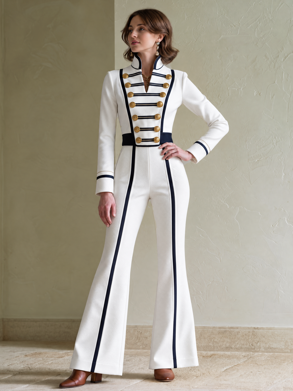 Elegant White & Navy Contrast Strap-Detail Flared Jumpsuit