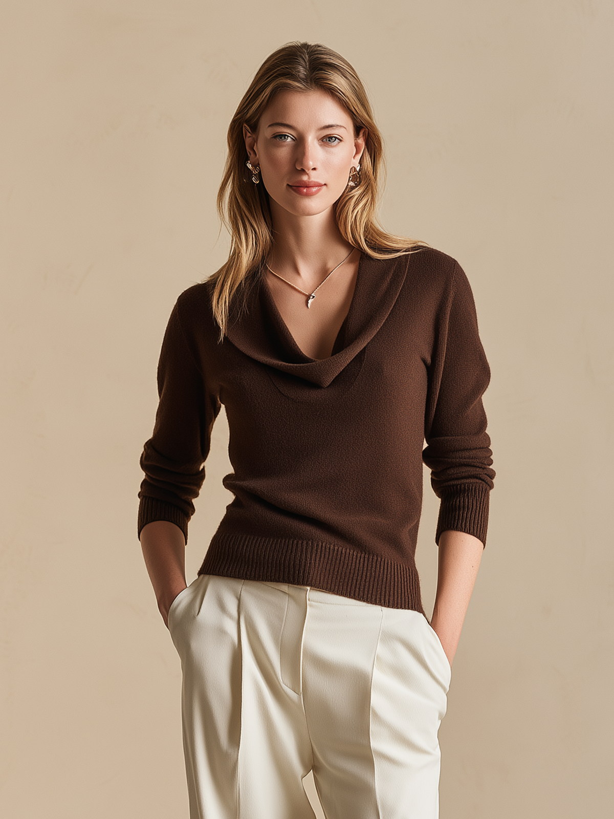 Elegant Chocolate Brown Cowl-Neck Knit Sweater