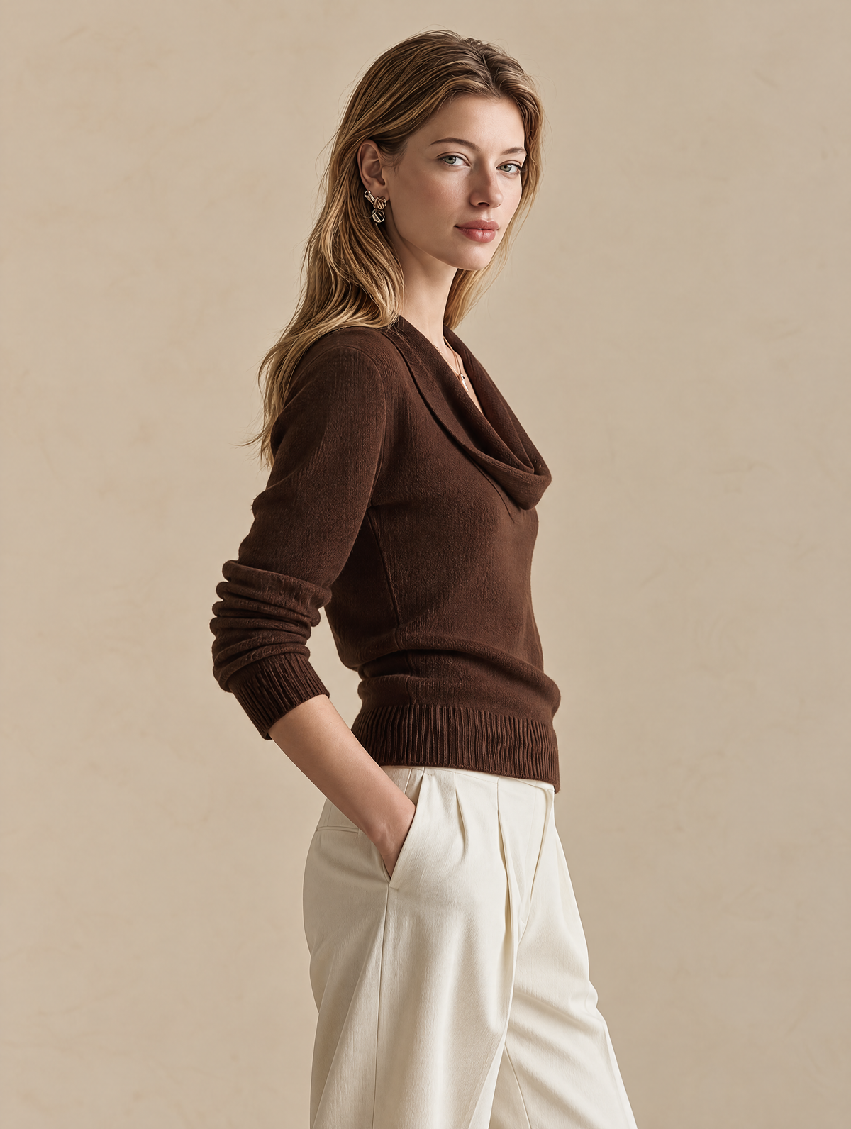 Elegant Chocolate Brown Cowl-Neck Knit Sweater