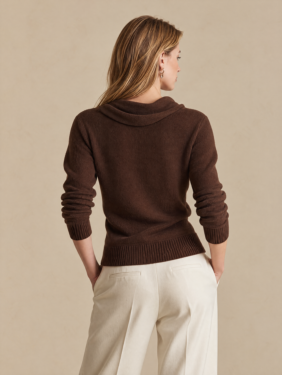Elegant Chocolate Brown Cowl-Neck Knit Sweater