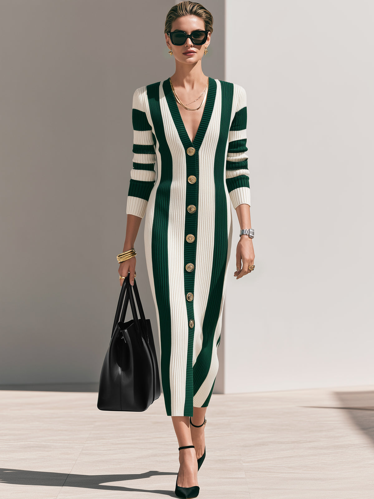 Striped Ribbed Long Sleeve Knit Midi Dress