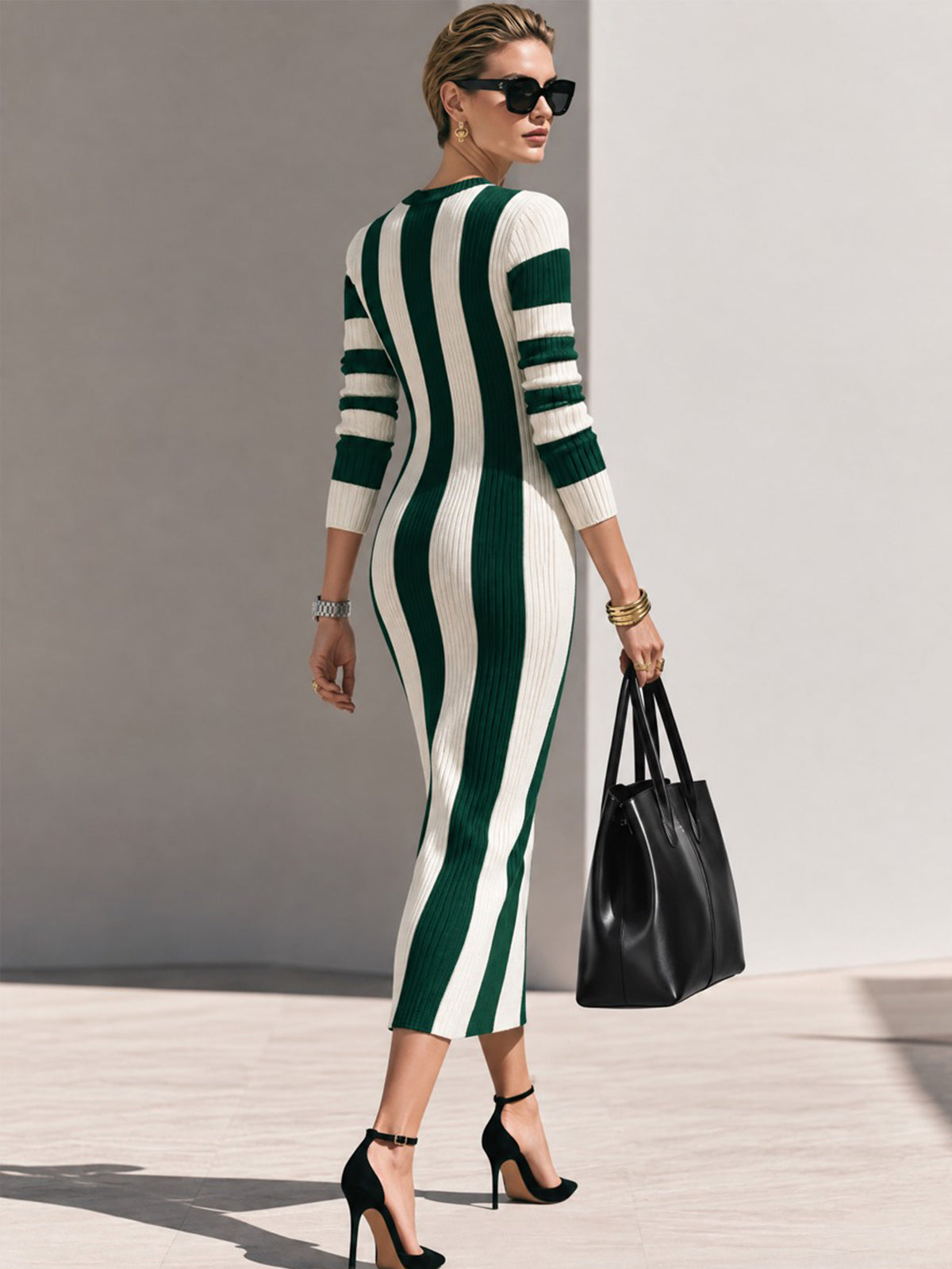 Striped Ribbed Long Sleeve Knit Midi Dress